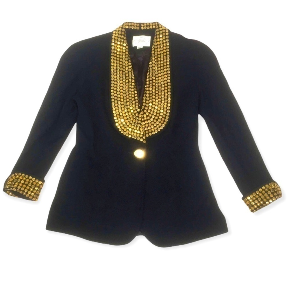 Ayako - VINTAGE 80s Gold Studded Shawl Collar Black Fitted Blazer - Size Medium